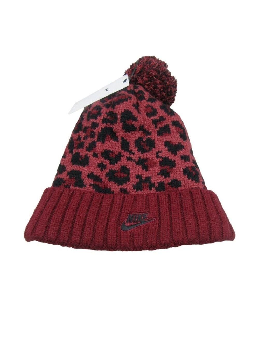 Nike Sportwear Burgundy Red Leopard Womens Pom Beanie One Size NEW
